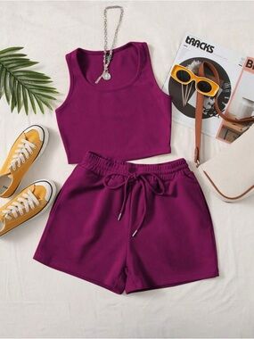 Shein Comfortcana Plus Solid Tank Top and Track Shorts Set - Red Violet